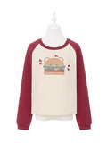 Wine Colorblock Design and Red Apricot Hamburger Print Sweatshirt