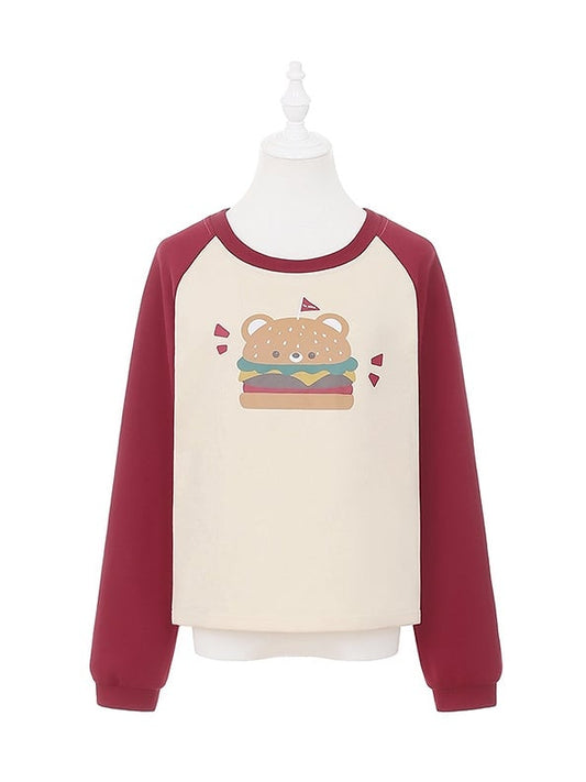 Wine Colorblock Design and Red Apricot Hamburger Print Sweatshirt