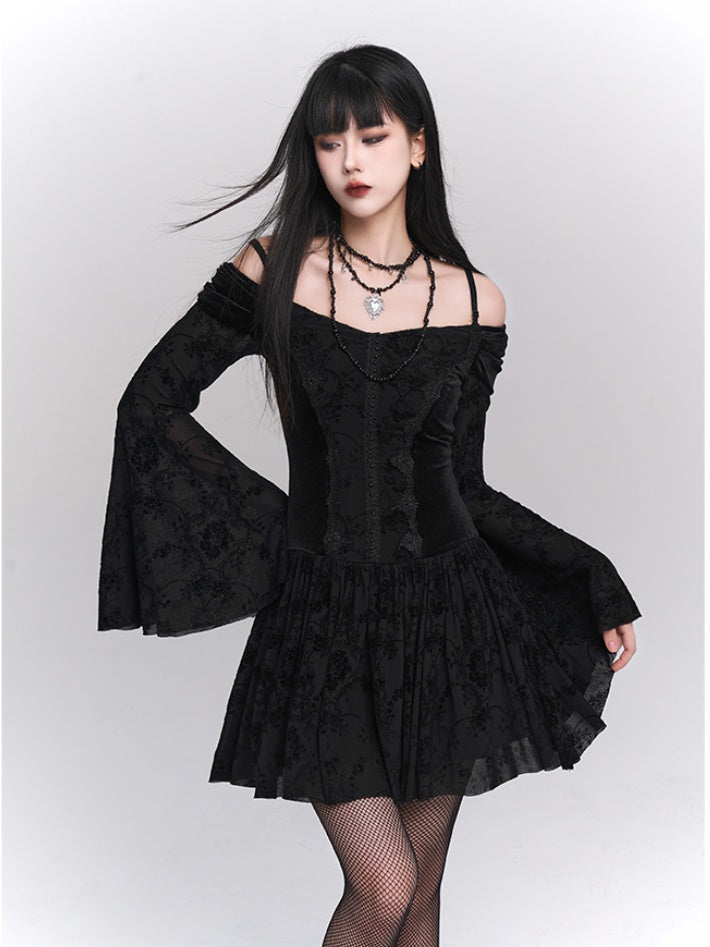 Black Velvet Off-Shoulder Bell-Sleeve Dress with Lace Trim - Lady Ghost