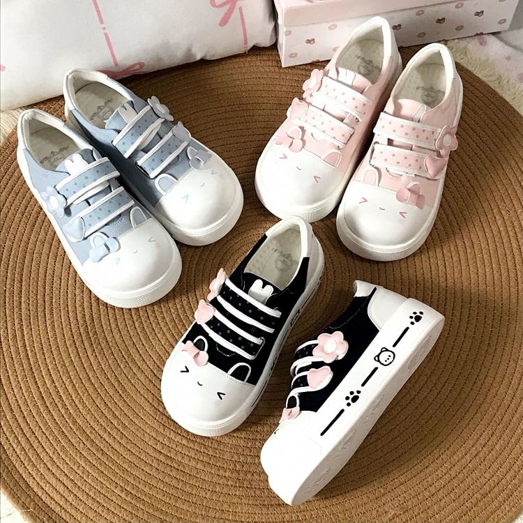 Print Sneakers Rabbit Heel with Dot Platform Paw Straps Bear Kawaii Motif Pink -