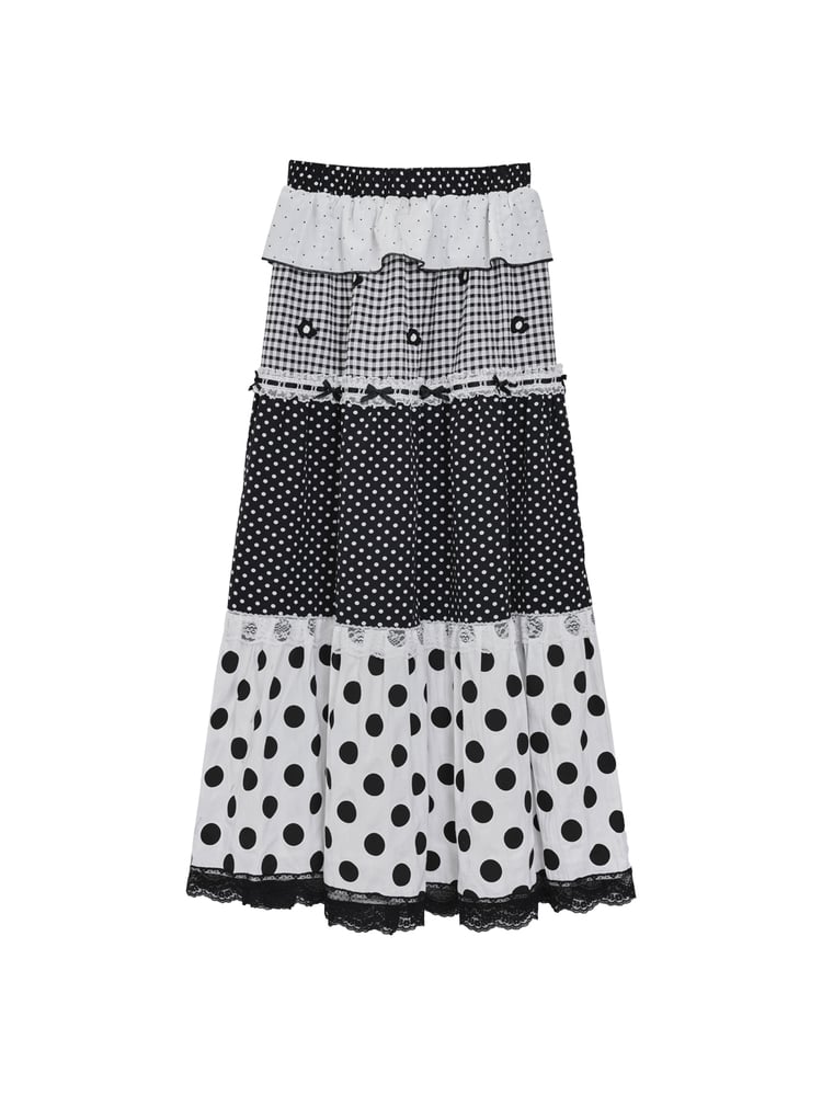 Maxi Skirt Lace Polka White Dot Panelled Black with Trim