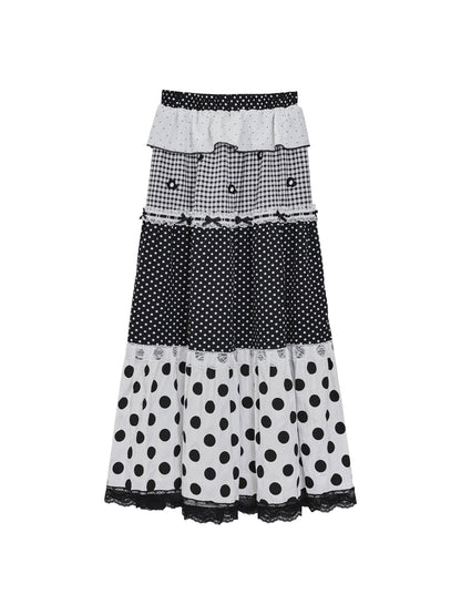 Maxi Skirt Lace Polka White Dot Panelled Black with Trim