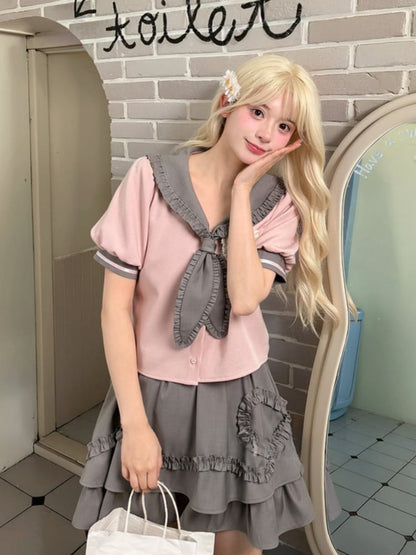 グレースタイルのフリルボウダブルレイヤーAラインスカートプレッピー