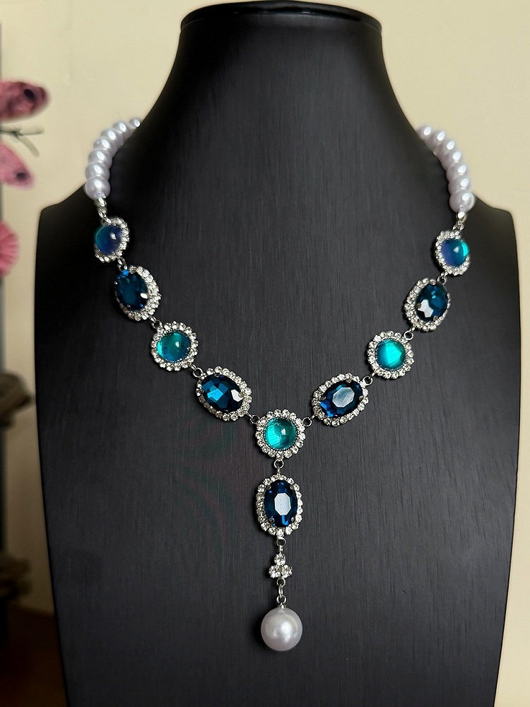 Vintage Blue Rhinestone Necklace Adorned with Pearls - YSHXS