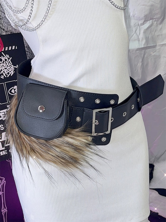 ブラックフェイクファートリムバックルベルト+スナップウエストバッグ