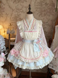 Hanfu-Inspired Lolita Top, Ruffle Mini Skirt & Apron Set in Pink Blue - Berry Story Lolita