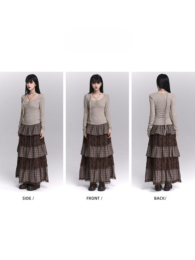 Haferflocken-Top mit U-Ausschnitt, Knopfrüschen und passendem Nackenband, Grau