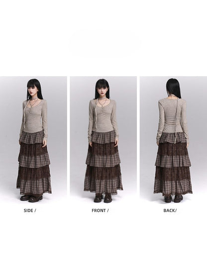 Haferflocken-Top mit U-Ausschnitt, Knopfrüschen und passendem Nackenband, Grau