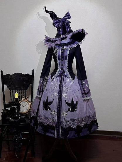 Purple Long Black Skirt Crow Patch Lolita Set + Top Wicthy Gothic