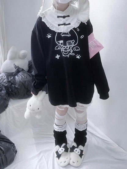 with Collar Kitten Sweatshirt and Print Frog Button Style Detachable Angelic Cheongsam Blue/Black Landmine