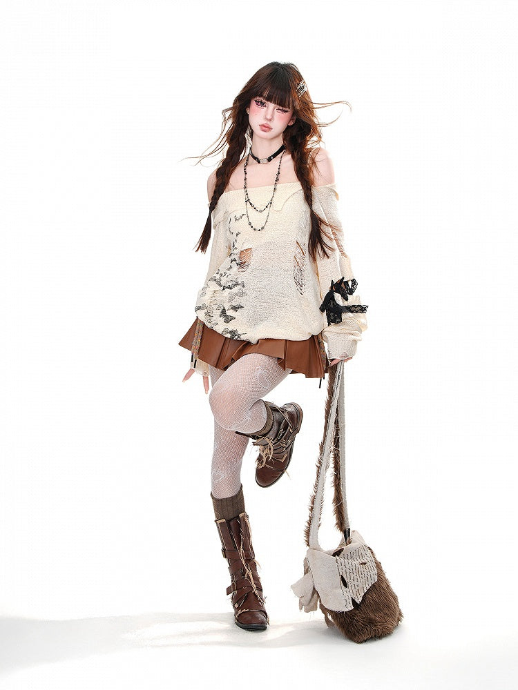 ダメージ加工の穴あきバタフライニットトップス、ネックライン アプリコット オフショルダー