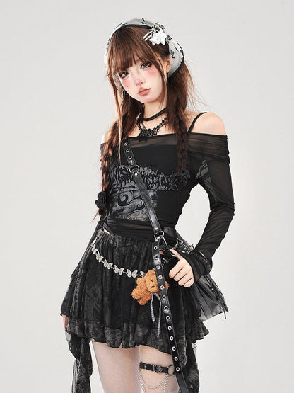 Sheer Off-Shoulder Black Top Two-Piece Set