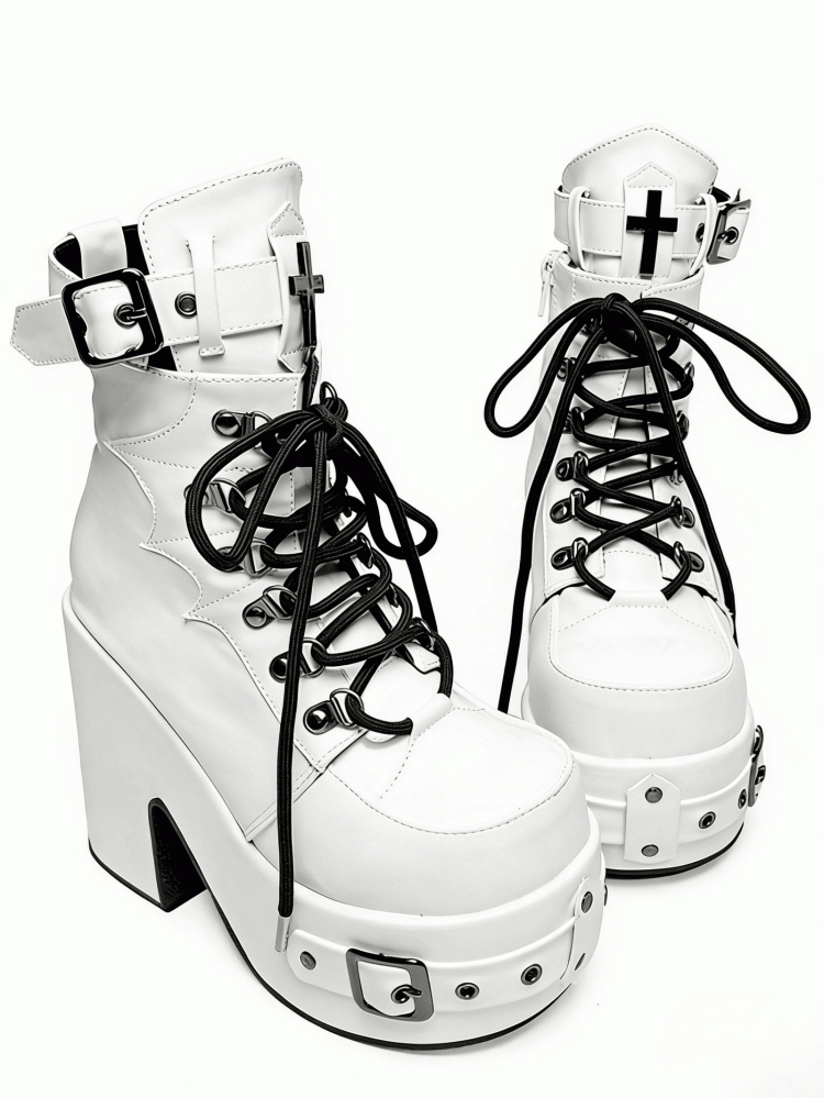 White Gothic Platform 12CM High Heel Boots with Buckle & Spiderweb Design - Transfer Student