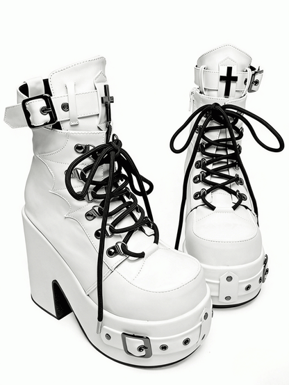 White Gothic Platform 12CM High Heel Boots with Buckle & Spiderweb Design - Transfer Student