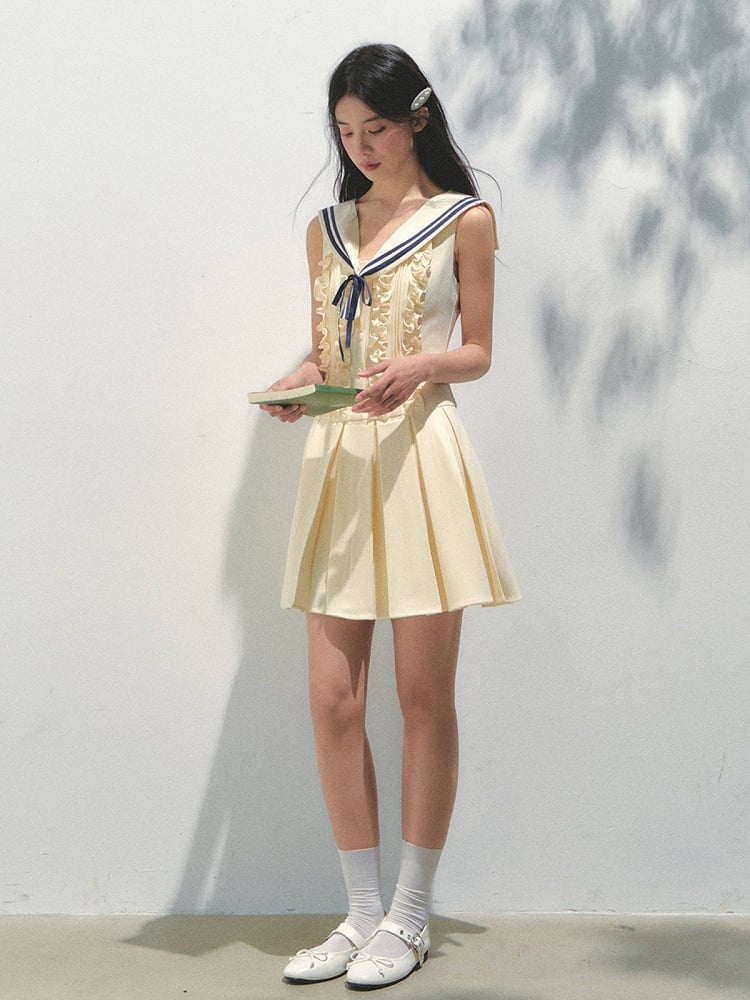 Sailor Yellow Kawaii Pleated with Collar Detachable Style Dress