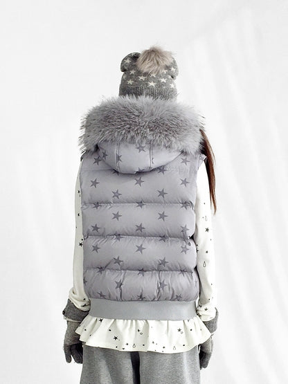Veste amovible avec manches détachables à motif étoiles et capuche en duvet gris et peluche amovible, multipositions