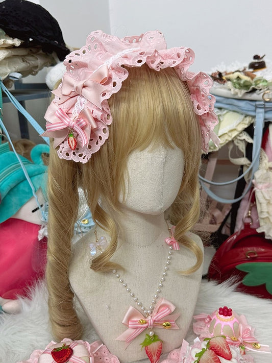 Hairband with White Strawberry Charms Pink/Pink Lolita Ruffled Sweet
