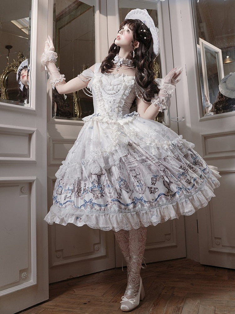White & Blue Antique Print Elegant Lolita JSK Dress - Meng Fu Zi