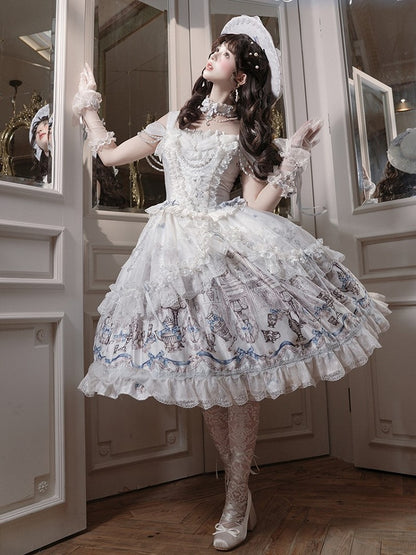 White & Blue Antique Print Elegant Lolita JSK Dress - Meng Fu Zi
