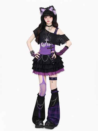 Black & Purple Plaid Leg Warmers with Chain Decor - CRAZY GIRL
