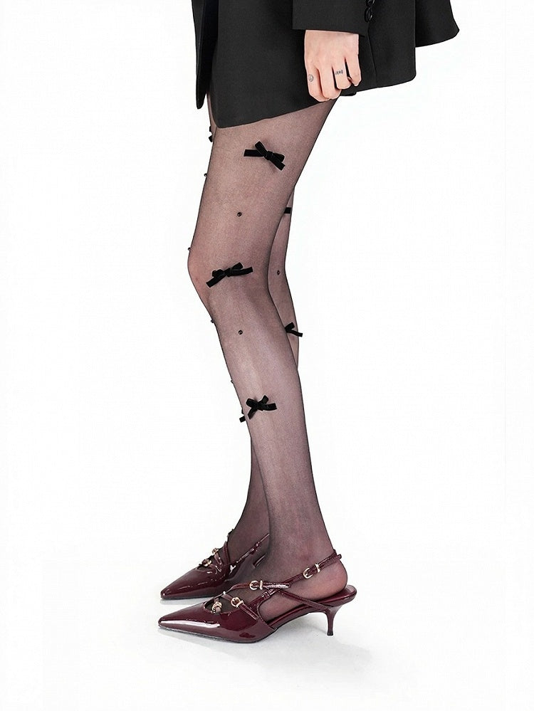 Sheer Black Bead Bow Tights - ModaSwings