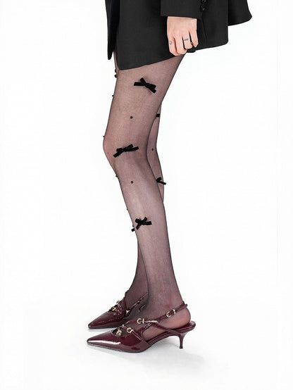 Sheer Black Bead Bow Tights - ModaSwings