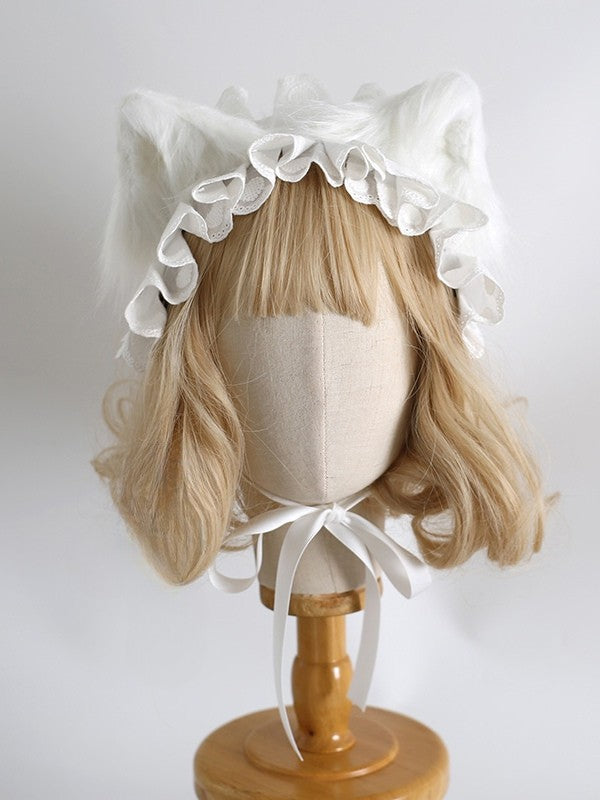 BlackWhite/All With Lolita White Ruffled Clips Plush Hairband Ear Kitty Sweet