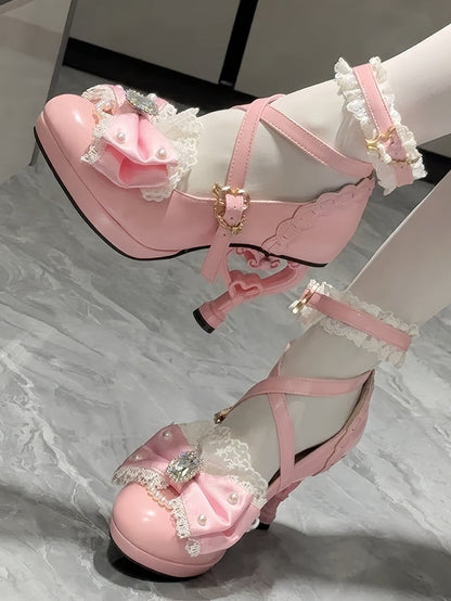 High Lolita Bow Lace Pink Heels Hime Trim Crystal Bead - with