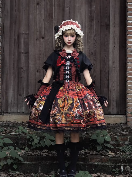Red Shoes Story Black Red Faux Two-Piece Lolita OP Gown with Bows - Forest Fairy Tales