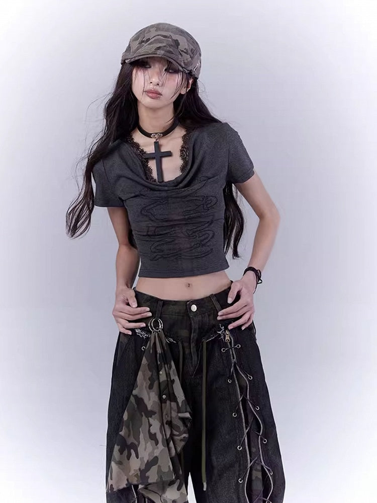 Dark Gray Cowl Neckline Cross Cutout Detail T-Shirt