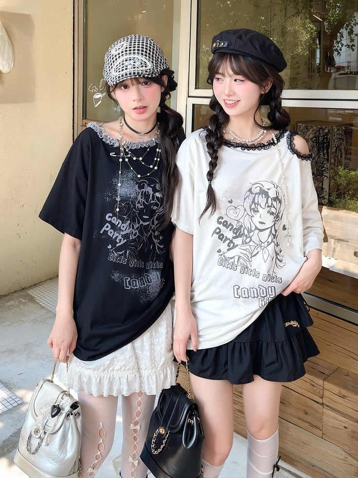 Y2K Black/White Ruffled Lace Trim Neckline T-Shirt Shoulder Cutout Girl Print Cotton