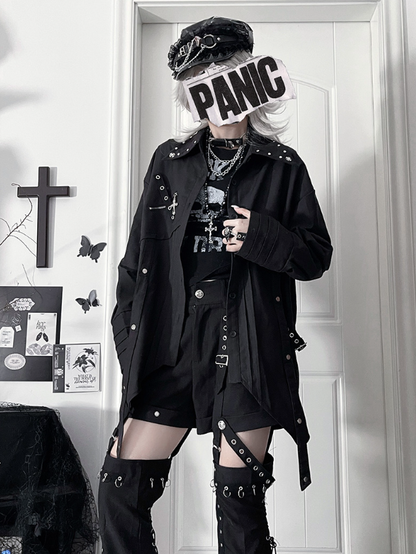 with Black Hem Back Long-Sleeve Punk Shirt Cross Print Asymmetrical