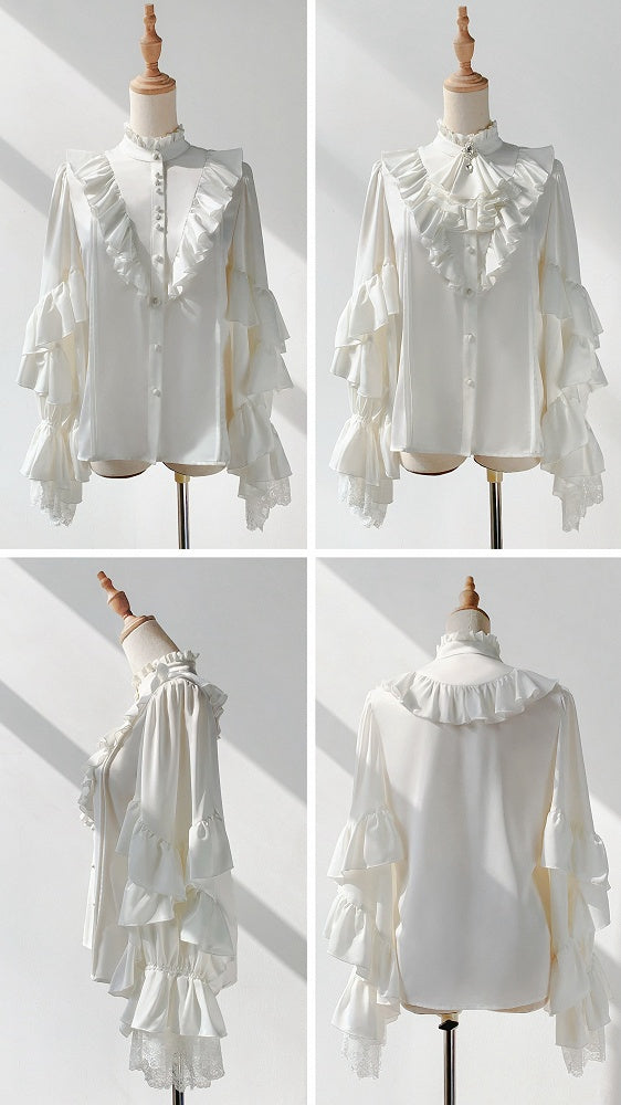 White Ruffle Neck Prince Ouji Long Sleeve Shirt - Every Page of Poetry