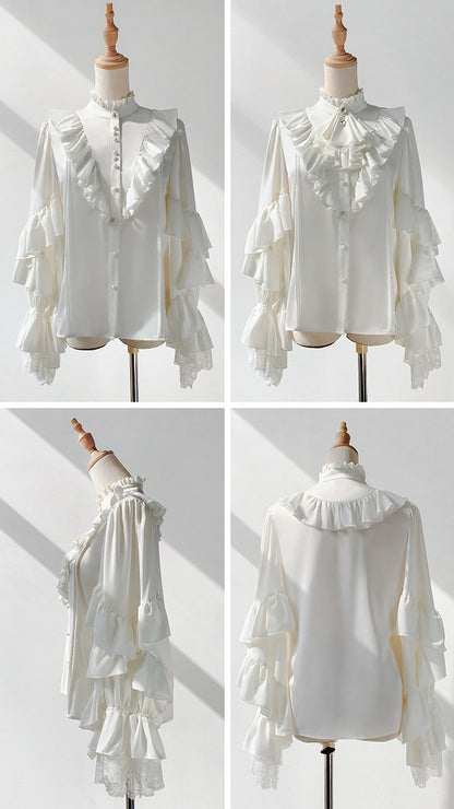 White Ruffle Neck Prince Ouji Long Sleeve Shirt - Every Page of Poetry