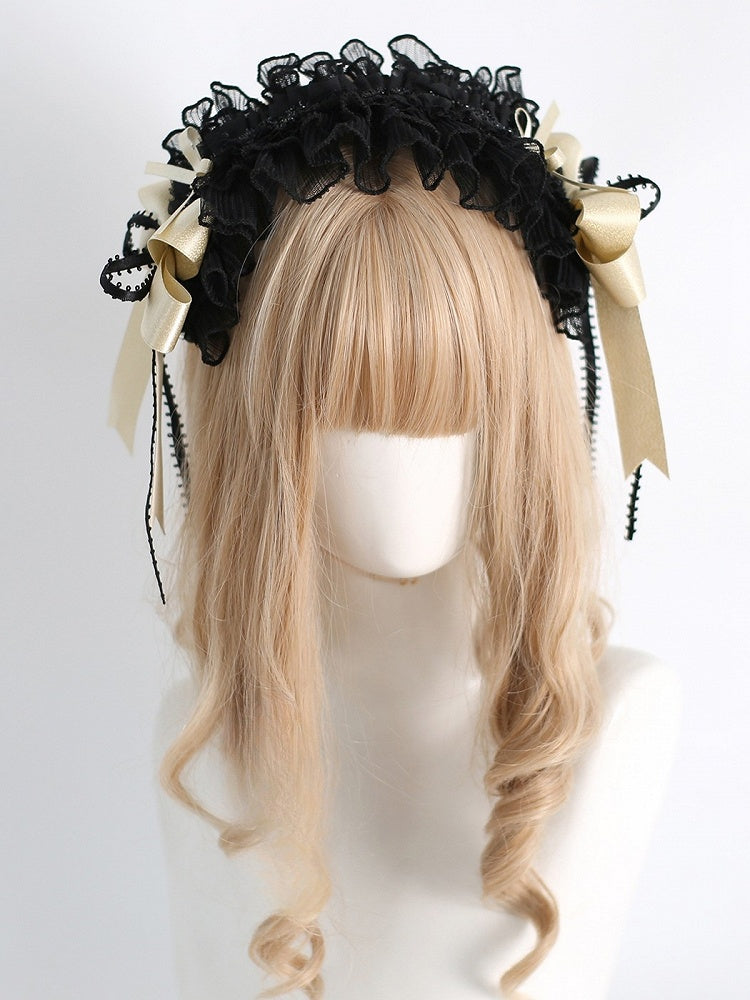 Details Ruffled Hairband Sweet Bowknot BlackGold Polka-dot Lolita Pattern