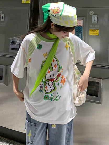 Tシャツ ホワイト ラウンドネック ゆったり 漫画 ウサギ プリント