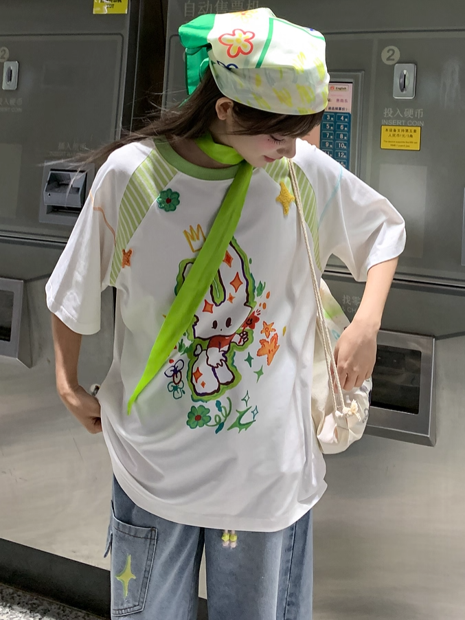 Cartoon Bunny Print White Round Neck Loose T-shirt