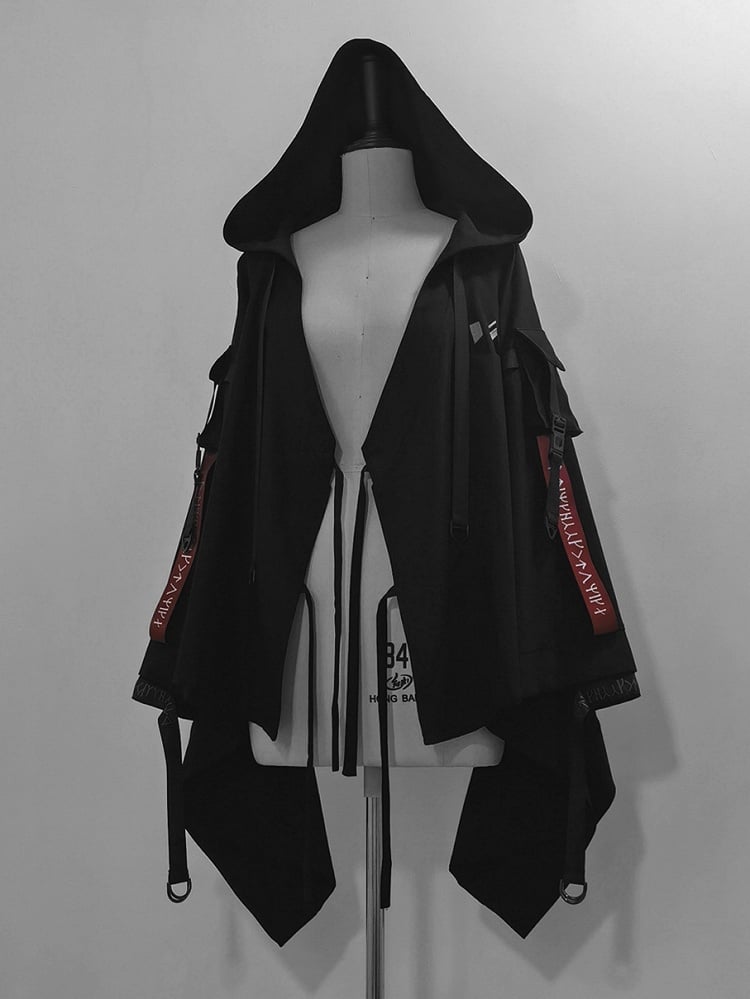 バックルフード付きロリータテックウェア王子ストラップジャケット ブラック