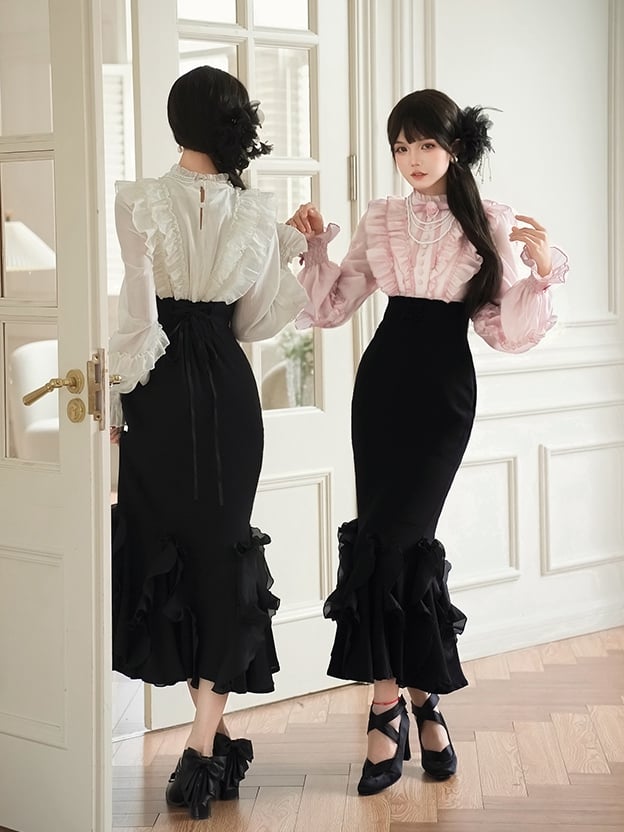 Beige Long Sleeve Blouse & Black Mermaid Skirt Boned Waist Lolita Dress - With PUJI