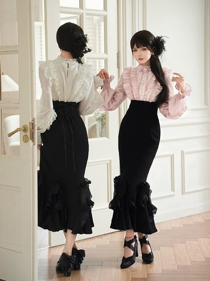 Beige Long Sleeve Blouse & Black Mermaid Skirt Boned Waist Lolita Dress - With PUJI
