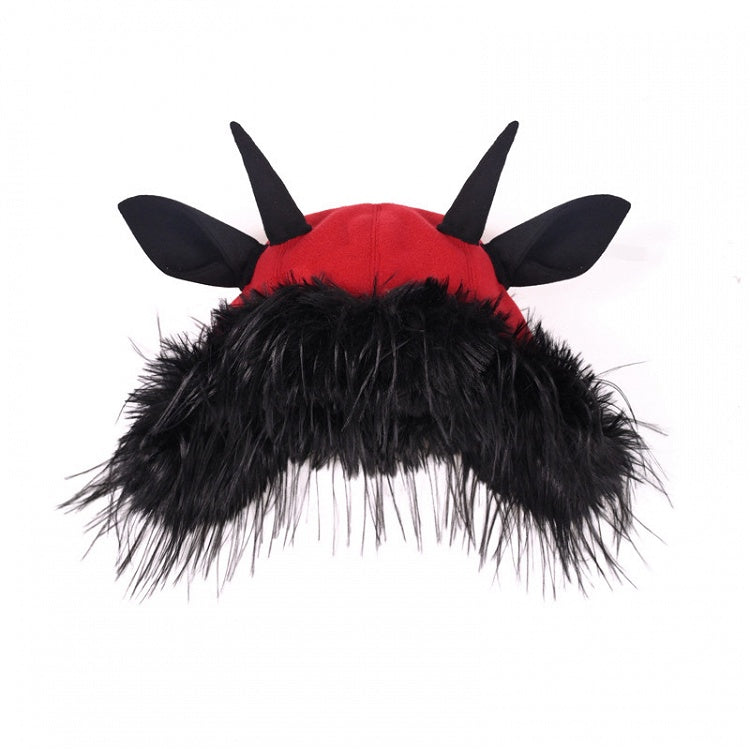 Black Gothic Devil Fluffy Hat with Antelope Horns and Ears