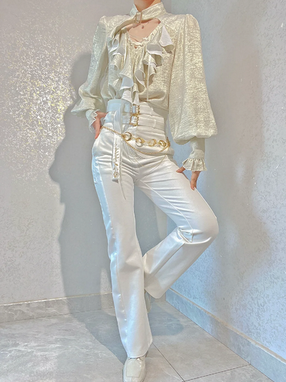 Collar and Sleeves Buckled Off Lolita White Ouji Shirt with Lace-Up Pirate Long Vibes