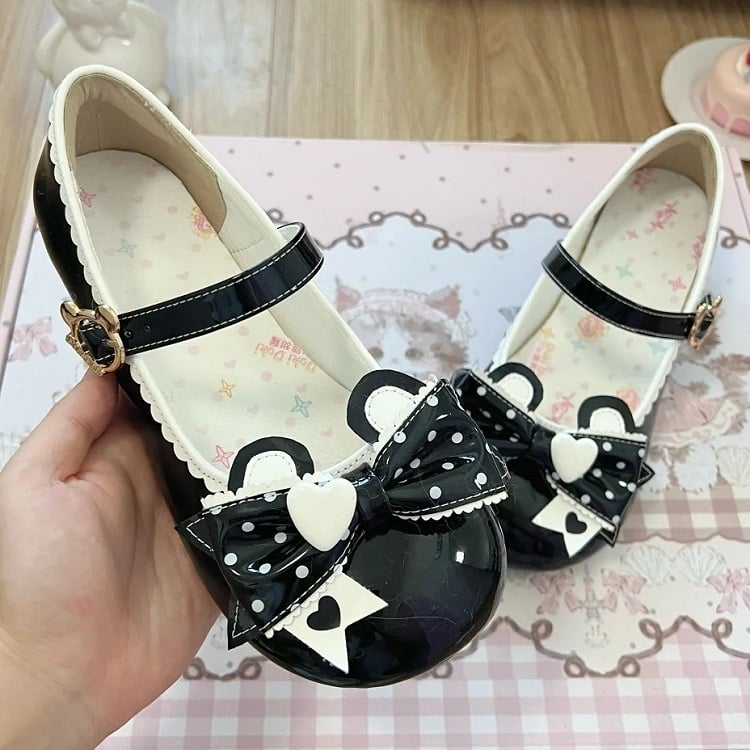 Print Black Bear Lolita Bow Low Dot Ear - Fastener Leather PU Heels