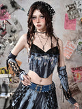 Grunge Punk Rock Fee Blau Spitze Wasserfallausschnitt Korsett mit Knochen Tie Dye Cami Top