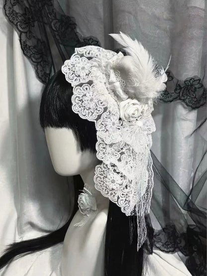 Gothic Lace Mini Hat with Feather Decor - Custom Made Earrings