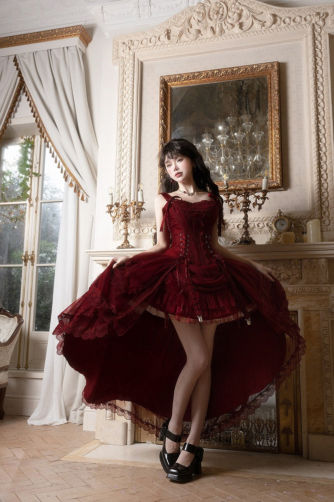 Red Classic Lolita Corset Top with Layered Tulle Skirt - Caramelantike