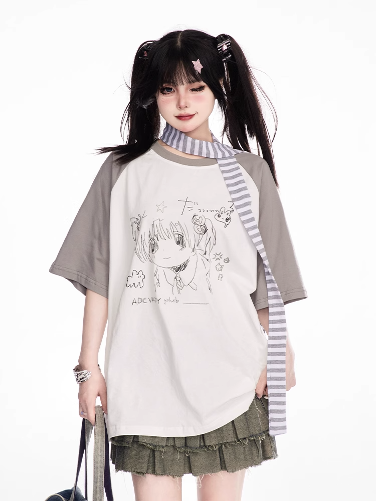 Anime Girl Graffiti T-Shirt Scarf with Striped Grey Colorblock Design