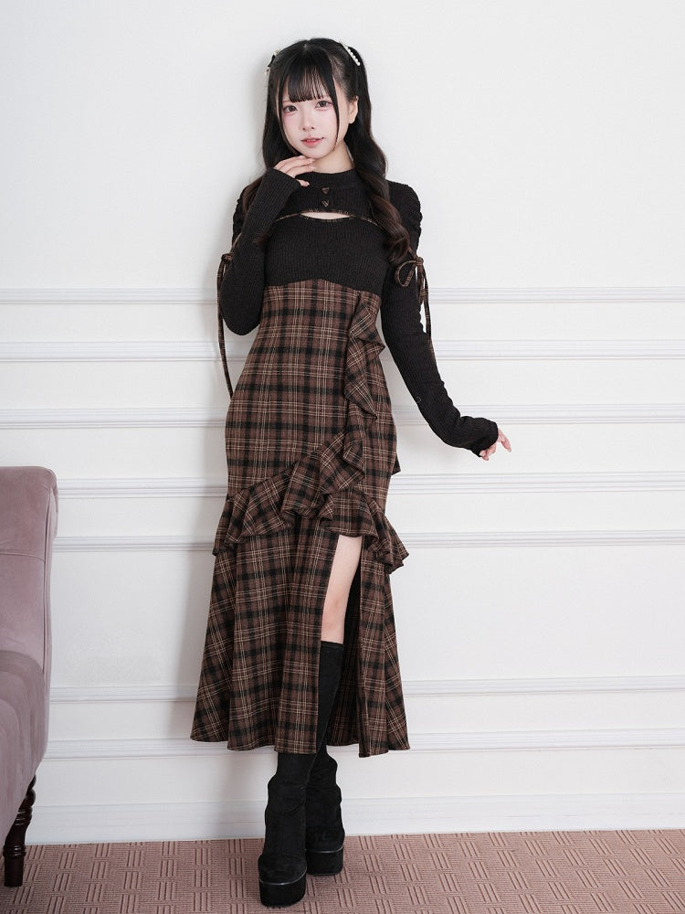 Brown Landmine Faux Two-Piece Plaid Knit Long-Sleeve Dress, Ruffles & Hem Slit - No Genki