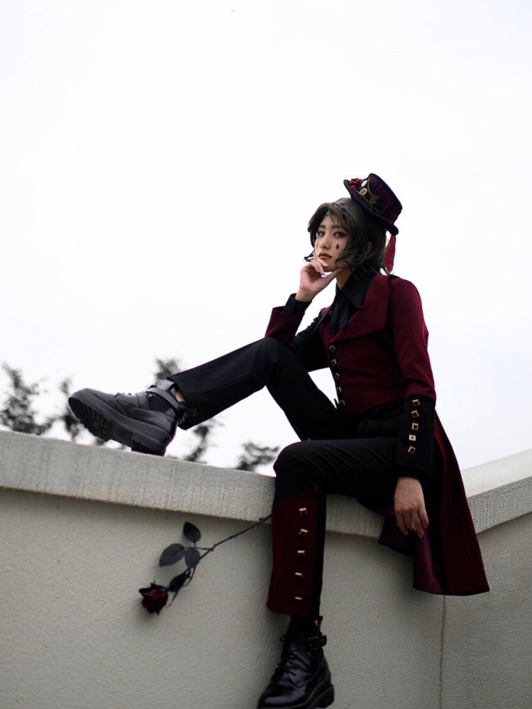 for Black Red Autumn and (Designed Lolita Buttons Pants Ouji Decorated Winter) Cuffs