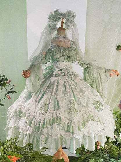 Green Accents Hanayome Ruffles Long Rose Version Layered Dress Light Lolita JSK with Flowing